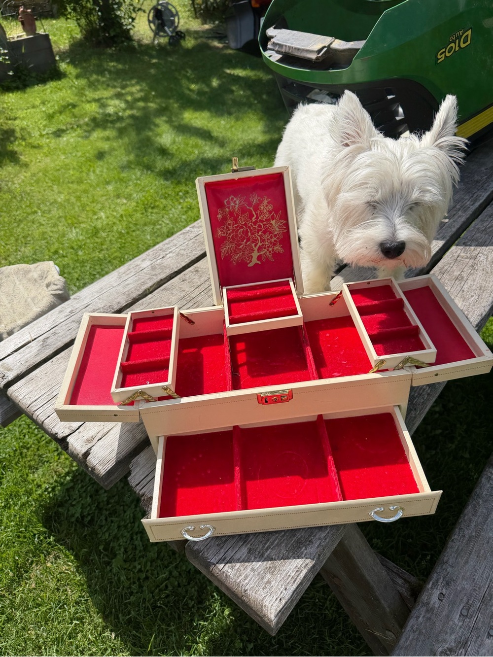 Vintage Jewelry Box with Red Velvet Lining that holds a lot